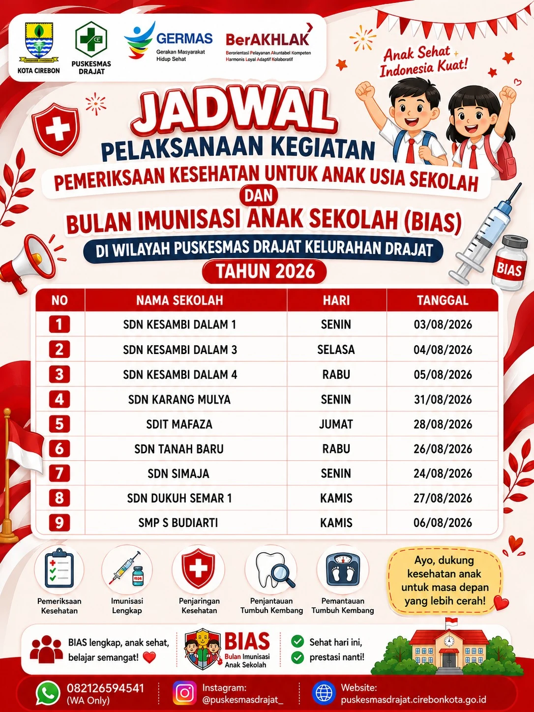 Jadwal Pemeriksaan Kesehatan Anak Sekolah dan BIAS Puskesmas Drajat Tahun 2026